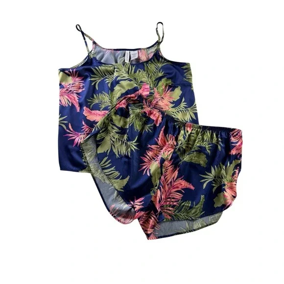 Joyspun Satin Scoopneck Palm Navy Green Pink Cami & Shorts Pajama Set Large - Picture 4 of 12